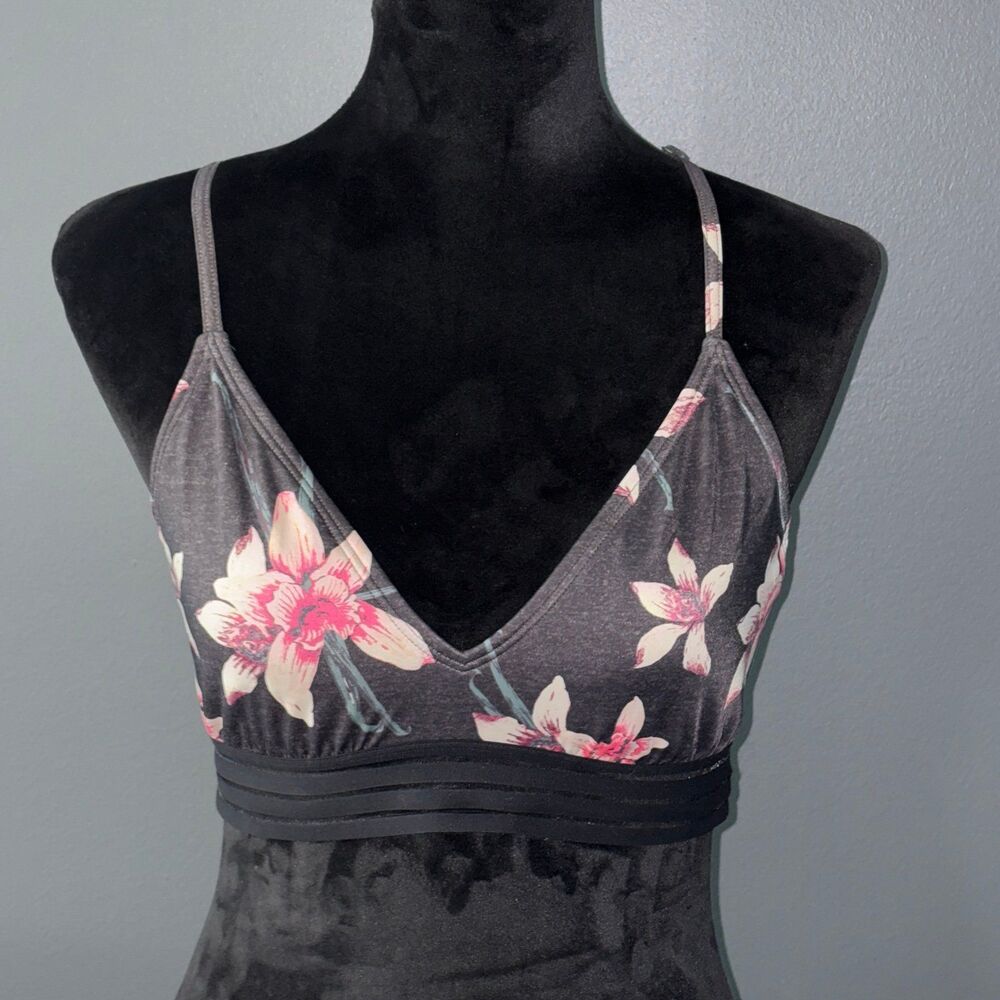 Roxy Triangle Bikini Top Womens Large Black Gray Floral Adjustable Racerback